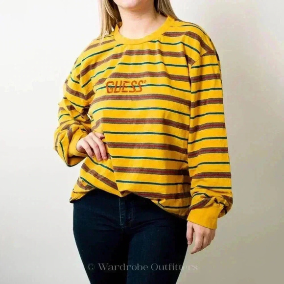 Vintage 90s GUESS Striped Long Sleeve Tee - L - Picture 2 of 7